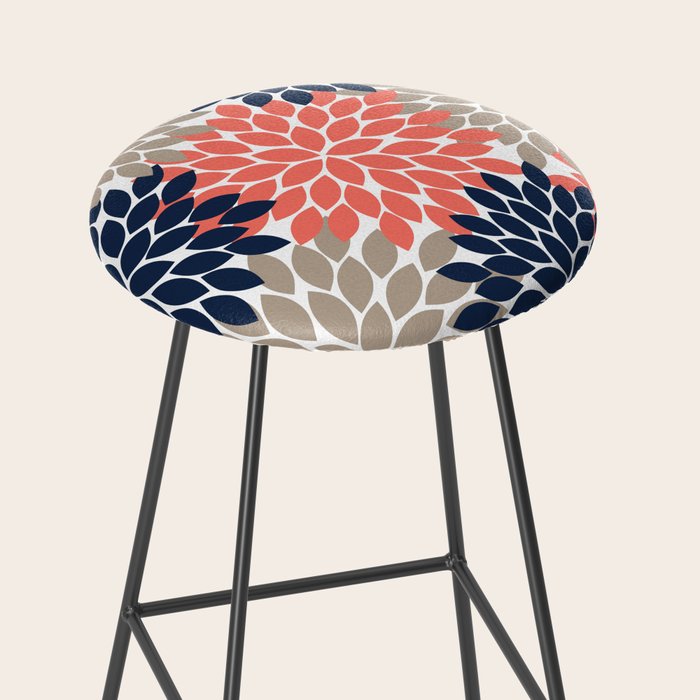 Tan Coral Navy Flower Burst Floral Pattern Stool Gallery Image 2