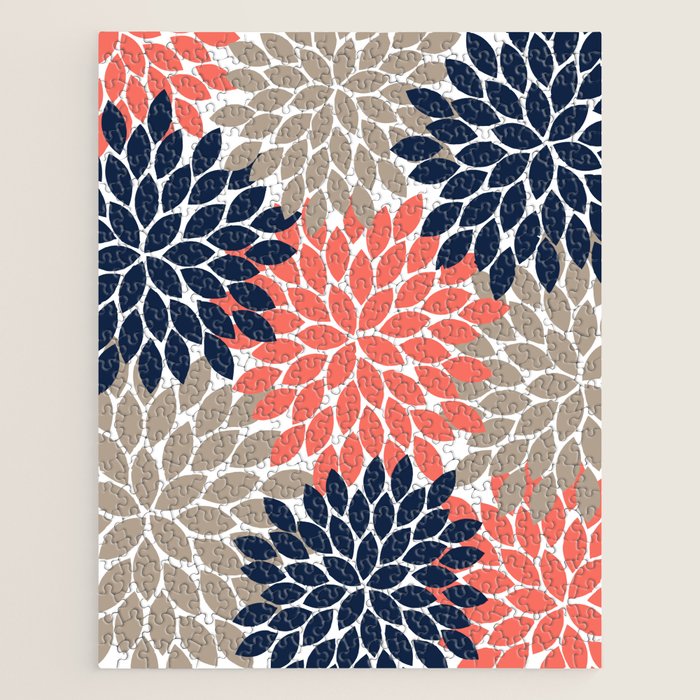 Tan Coral Navy Flower Burst Floral Pattern Jigsaw Puzzle Gallery Image 1