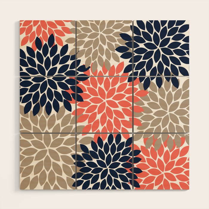 Tan Coral Navy Flower Burst Floral Pattern Wood Wall Art