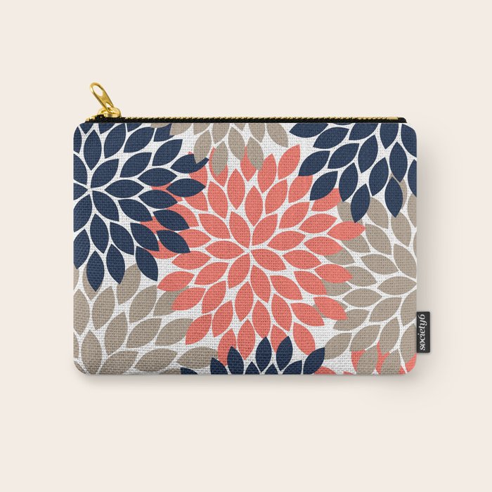 Tan Coral Navy Flower Burst Floral Pattern Carry All Pouch Gallery Image 1