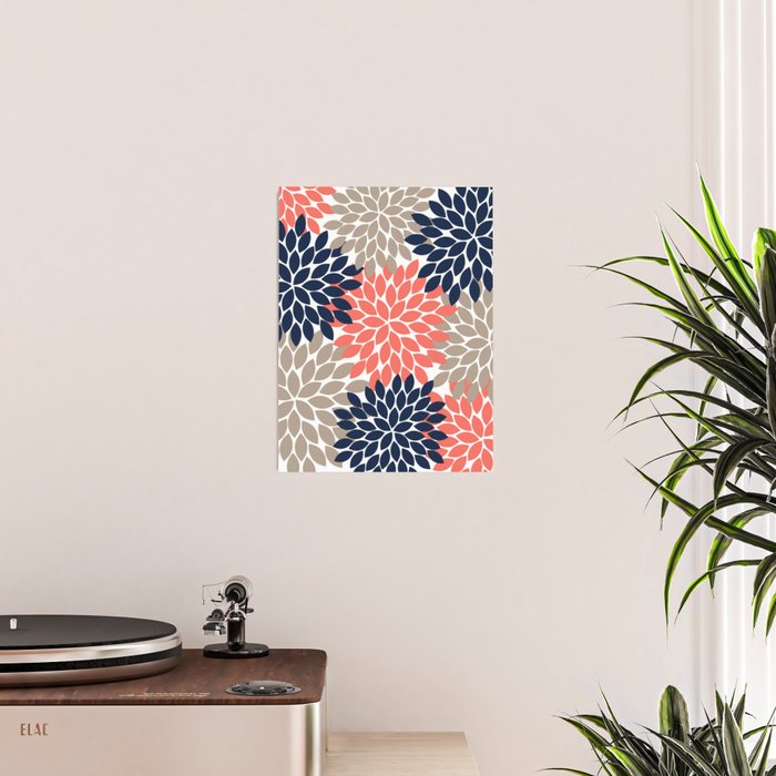 Tan Coral Navy Flower Burst Floral Pattern Poster Gallery Image 2