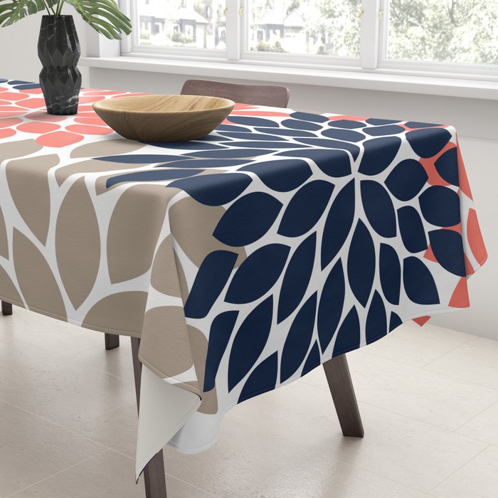 Tan Coral Navy Flower Burst Floral Pattern Tablecloth Gallery Image 3