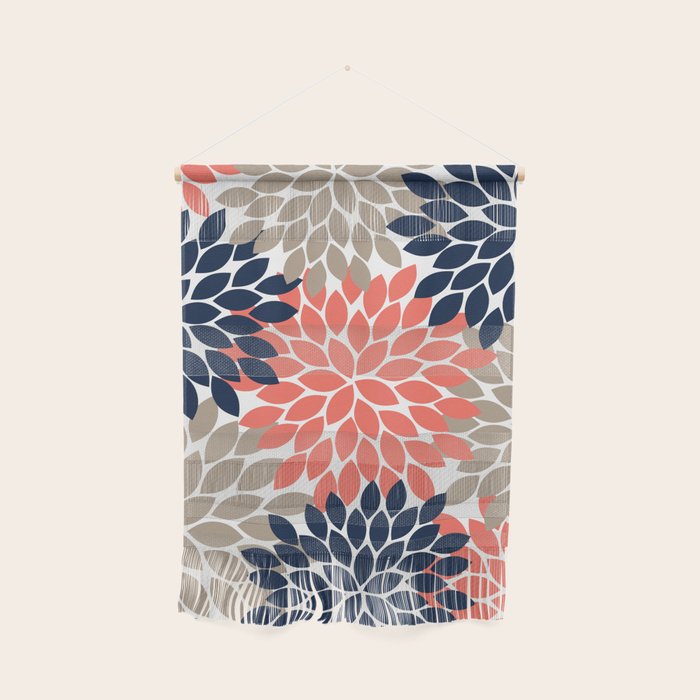 Tan Coral Navy Flower Burst Floral Pattern Wall Hanging Gallery Image 1