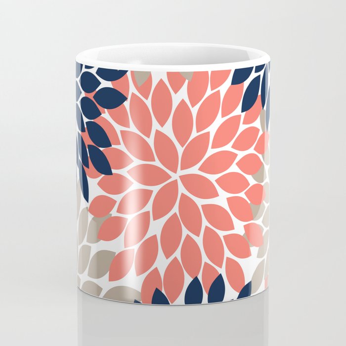 Tan Coral Navy Flower Burst Floral Pattern Coffee Mug Gallery Image 4