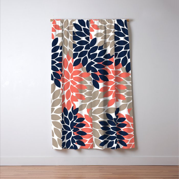 Tan Coral Navy Flower Burst Floral Pattern Window Curtain Gallery Image 3