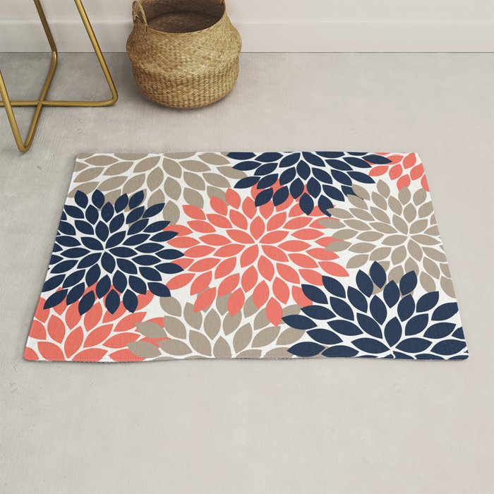 Tan Coral Navy Flower Burst Floral Pattern Rug Gallery Image 1