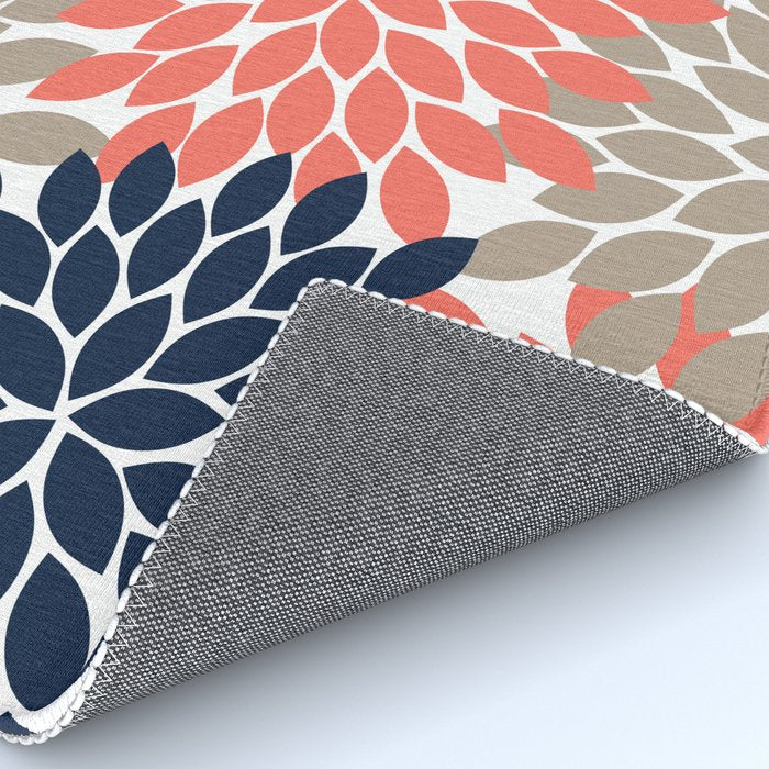 Tan Coral Navy Flower Burst Floral Pattern Rug Gallery Image 4