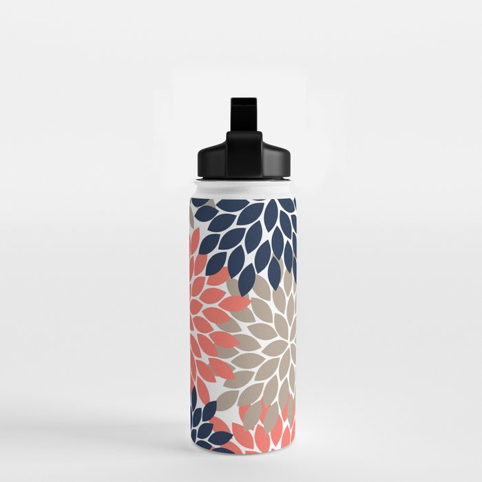 Tan Coral Navy Flower Burst Floral Pattern Water Bottle Gallery Image 2