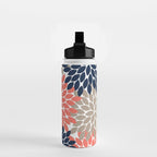 Tan Coral Navy Flower Burst Floral Pattern Water Bottle Gallery Image 2