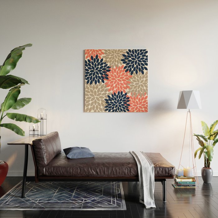 Tan Coral Navy Flower Burst Floral Pattern Wood Wall Art Gallery Image 2