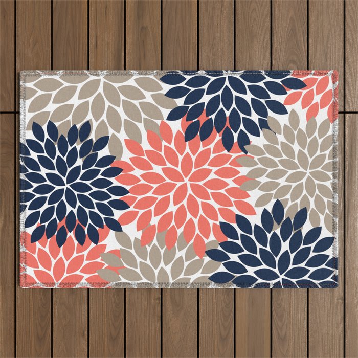 Tan Coral Navy Flower Burst Floral Pattern Outdoor Rug Gallery Image 1