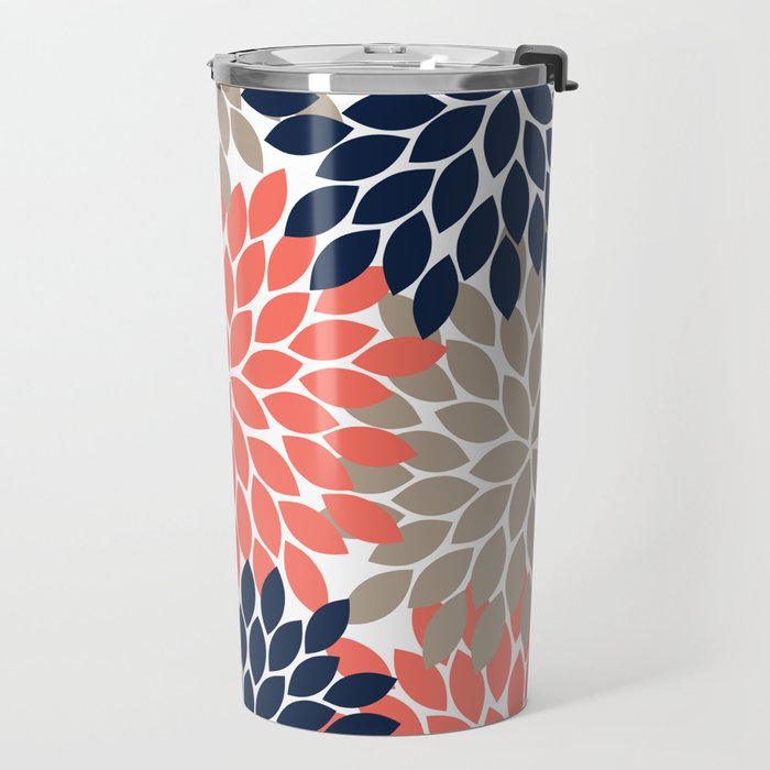 Tan Coral Navy Flower Burst Floral Pattern Travel Mug Gallery Image 2