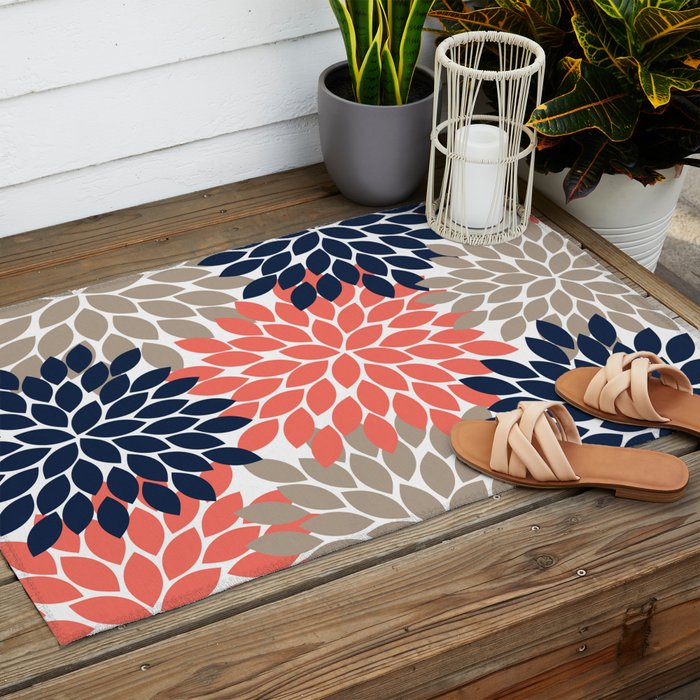 Tan Coral Navy Flower Burst Floral Pattern Outdoor Rug Gallery Image 2