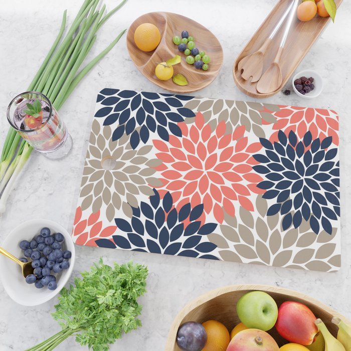 Tan Coral Navy Flower Burst Floral Pattern Cutting Board Gallery Image 2