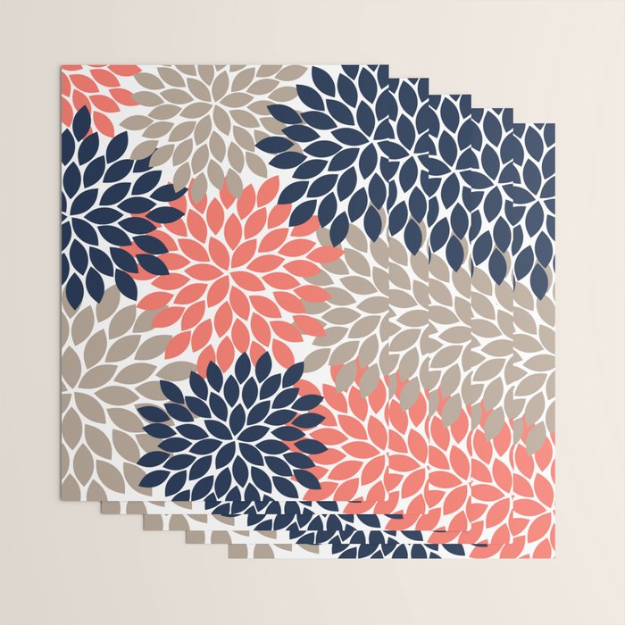 Tan Coral Navy Flower Burst Floral Pattern Wrapping Paper Gallery Image 3