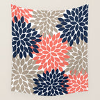 Tan Coral Navy Flower Burst Floral Pattern Wall Tapestry Gallery Image 4