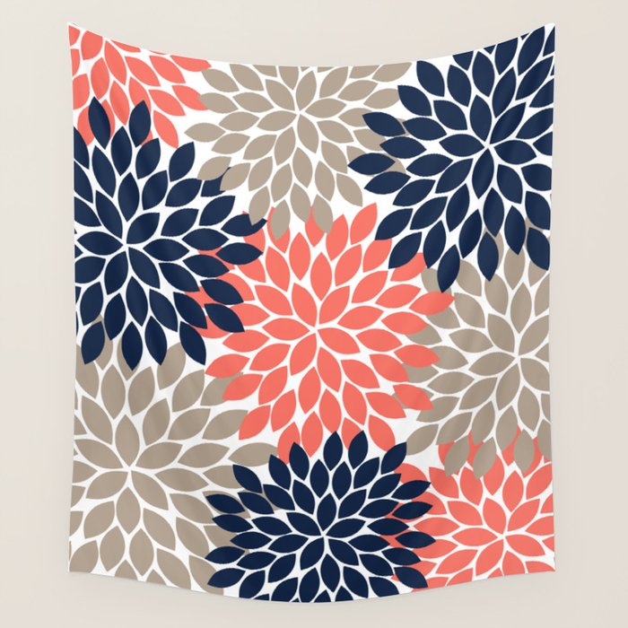 Tan Coral Navy Flower Burst Floral Pattern Wall Tapestry Gallery Image 4