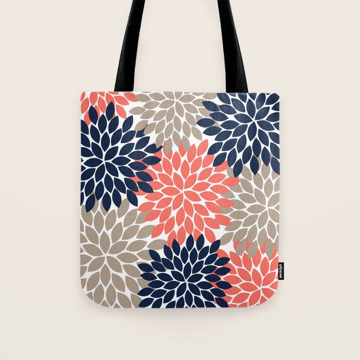 Tan Coral Navy Flower Burst Floral Pattern Tote Bag Gallery Image 1