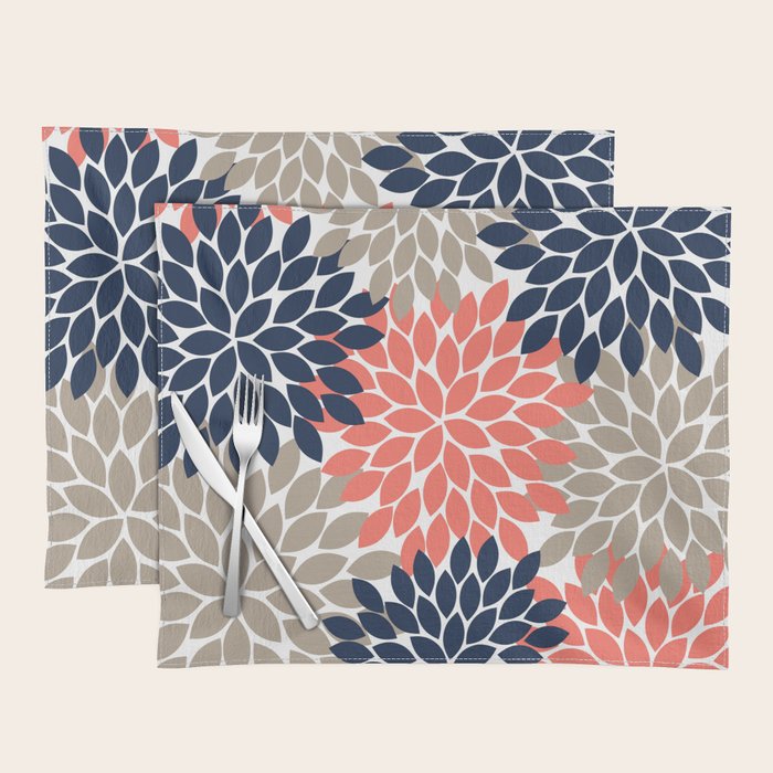 Tan Coral Navy Flower Burst Floral Pattern Placemat Gallery Image 1