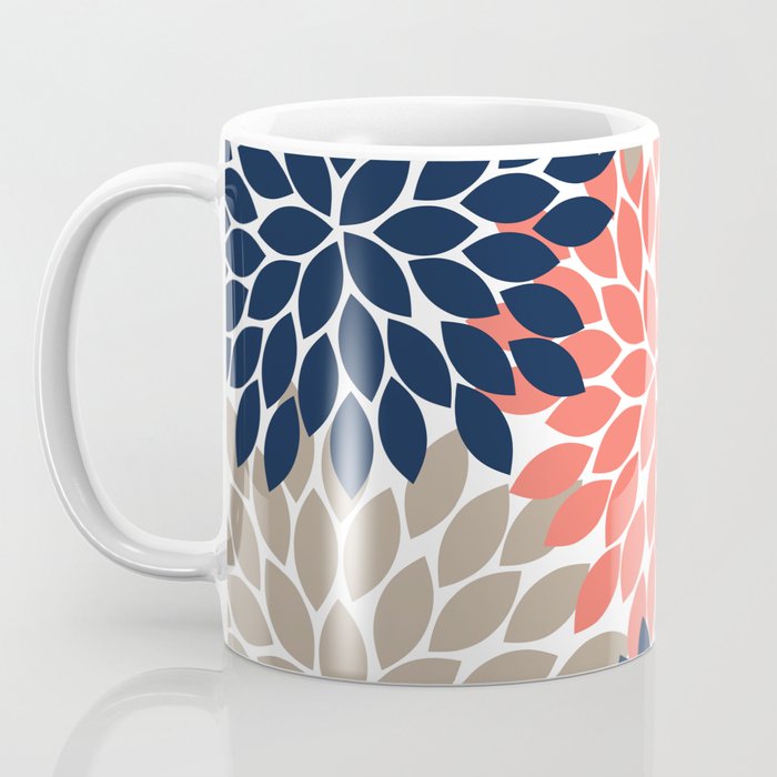Tan Coral Navy Flower Burst Floral Pattern Coffee Mug Gallery Image 3