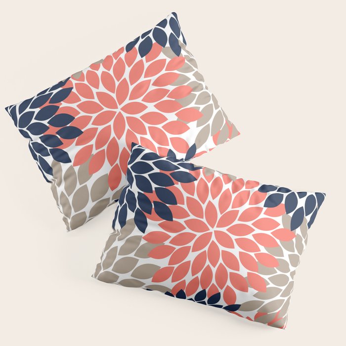 Tan Coral Navy Flower Burst Floral Pattern Pillow Sham Gallery Image 3