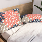 Tan Coral Navy Flower Burst Floral Pattern Pillow Sham Gallery Image 2