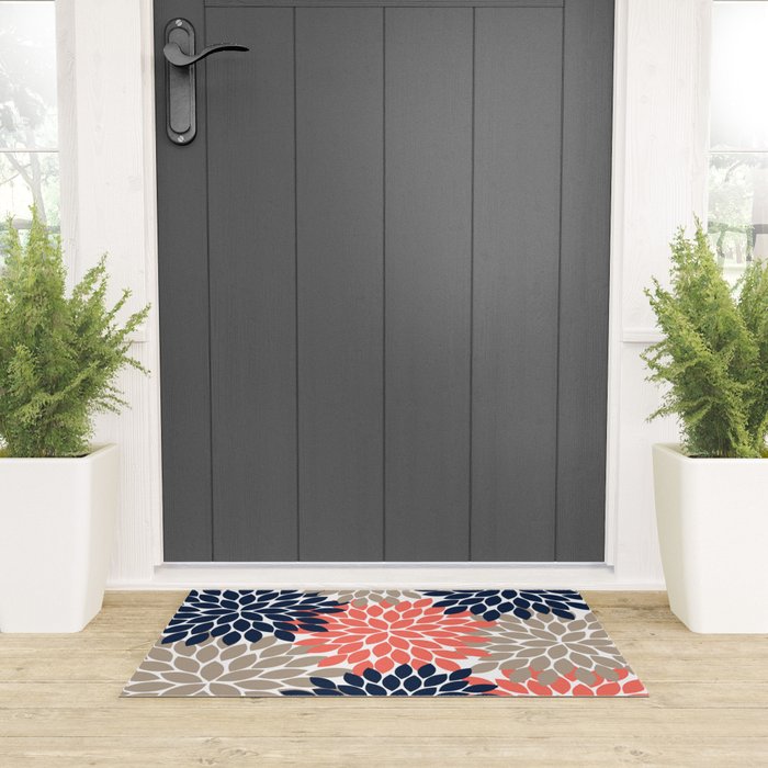 Tan Coral Navy Flower Burst Floral Pattern Welcome Mat Gallery Image 3