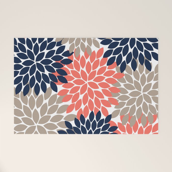 Tan Coral Navy Flower Burst Floral Pattern Welcome Mat Gallery Image 1