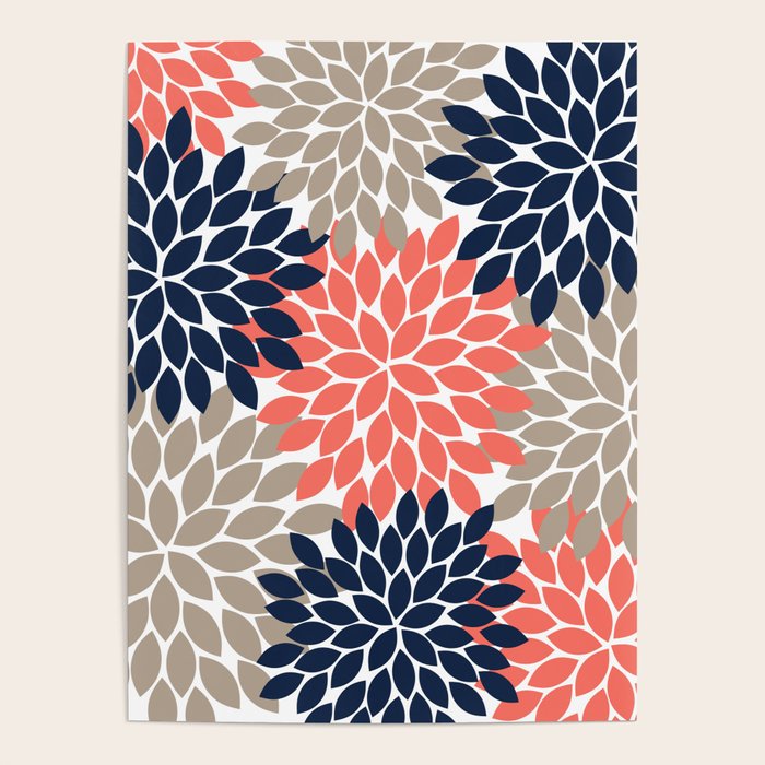 Tan Coral Navy Flower Burst Floral Pattern Poster Gallery Image 4