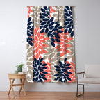 Tan Coral Navy Flower Burst Floral Pattern Window Curtain Gallery Image 5