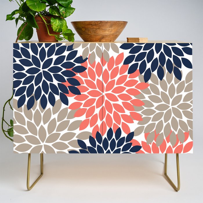 Tan Coral Navy Flower Burst Floral Pattern Credenza Gallery Image 1