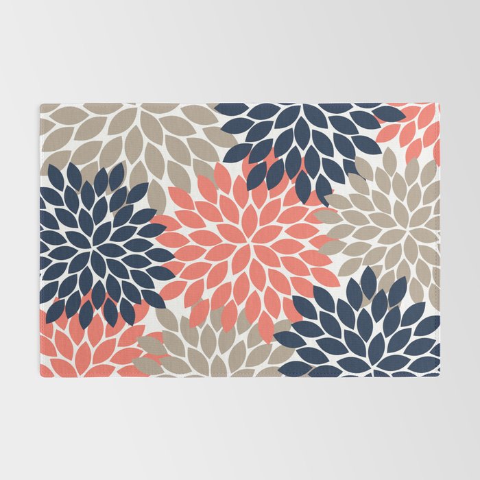 Tan Coral Navy Flower Burst Floral Pattern Rug Gallery Image 2