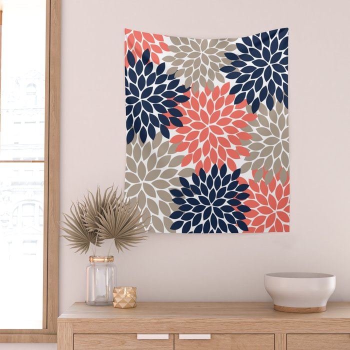 Tan Coral Navy Flower Burst Floral Pattern Wall Tapestry Gallery Image 2