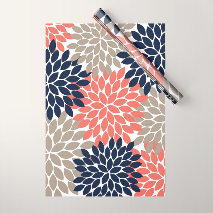 Tan Coral Navy Flower Burst Floral Pattern Wrapping Paper Gallery Image 1