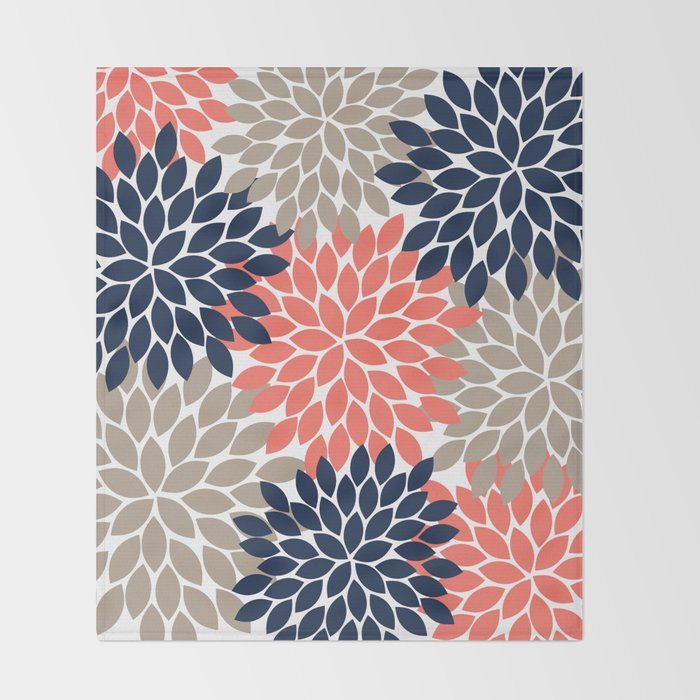 Tan Coral Navy Flower Burst Floral Pattern Throw Blanket Gallery Image 2