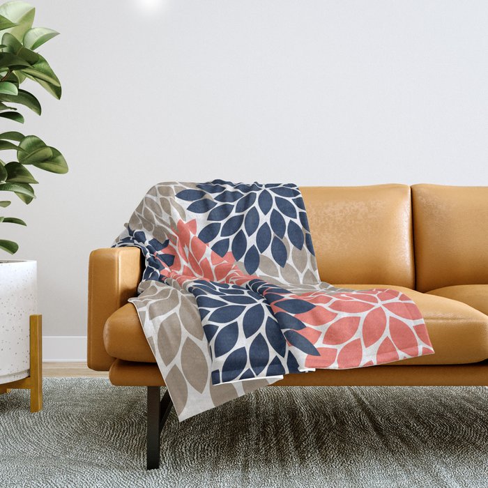 Tan Coral Navy Flower Burst Floral Pattern Throw Blanket Gallery Image 1