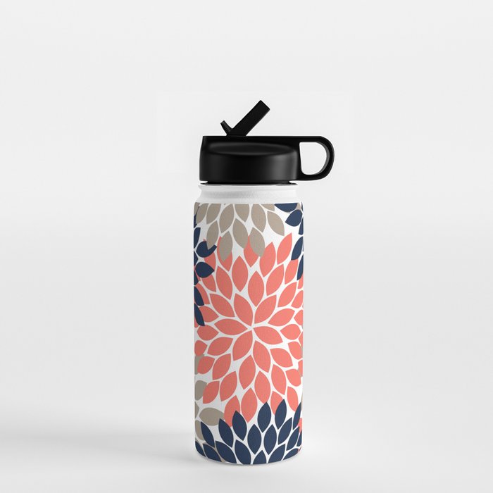 Tan Coral Navy Flower Burst Floral Pattern Water Bottle Gallery Image 1