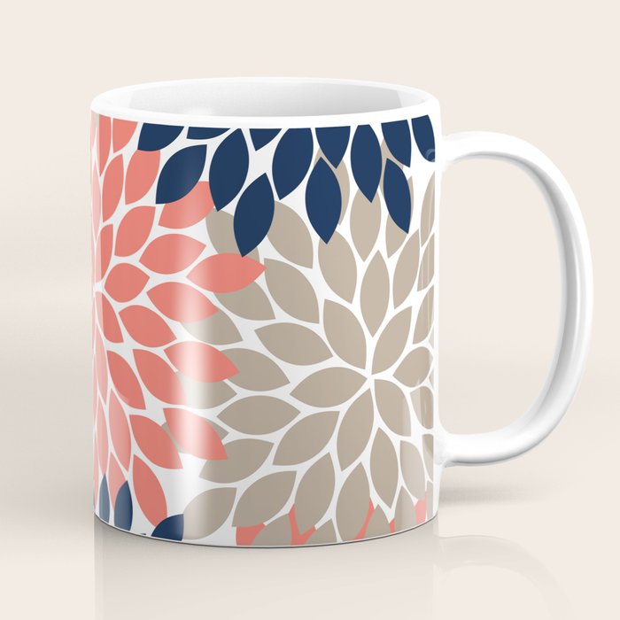 Tan Coral Navy Flower Burst Floral Pattern Coffee Mug Gallery Image 1