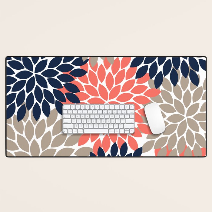 Tan Coral Navy Flower Burst Floral Pattern Desk Mat Gallery Image 1