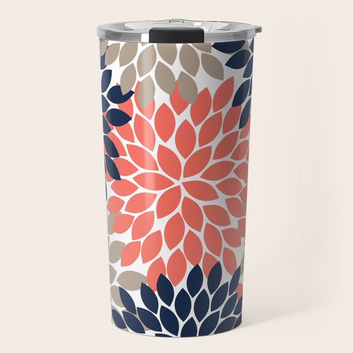 Tan Coral Navy Flower Burst Floral Pattern Travel Mug