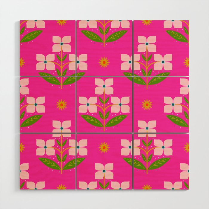 Retro Pink Floral Bunches Pattern - Pink Wood Wall Art Gallery Image 1