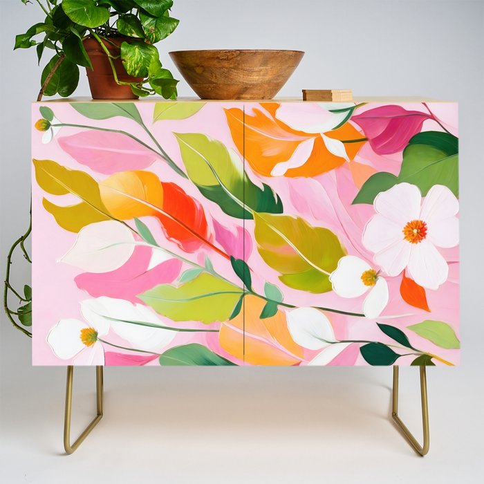 Pastelchio, Pastel Floral Botanical Spring, Flowers Blush Blossom Pink Garden Painting, Bohemian Chic Subdued Nature Plants Credenza Gallery Image 1