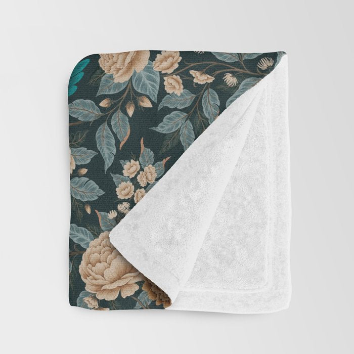 Spring Song - Dark Teal Birds and Floral Print Throw Blanket Gallery Image 3