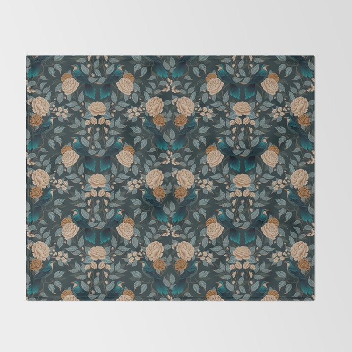 Spring Song - Dark Teal Birds and Floral Print Throw Blanket Gallery Image 2