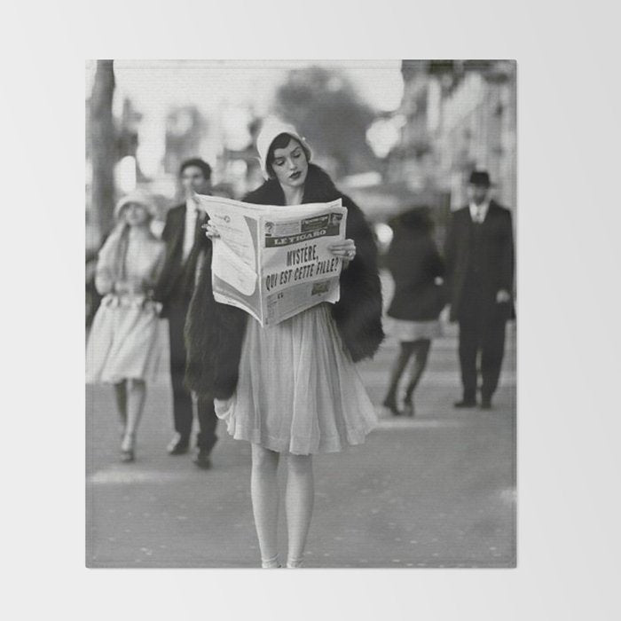 Roaring Twenties French Flapper Girl Reading Newspaper on the Street, Paris female portrait black and white photography - photographs Throw Blanket Gallery Image 2