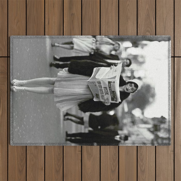 Roaring Twenties French Flapper Girl Reading Newspaper on the Street, Paris female portrait black and white photography - photographs Outdoor Rug Gallery Image 1