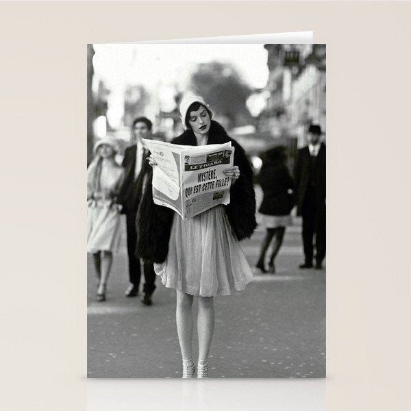 Roaring Twenties French Flapper Girl Reading Newspaper on the Street, Paris female portrait black and white photography - photographs Stationery Card Gallery Image 2