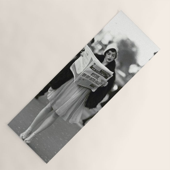 Roaring Twenties French Flapper Girl Reading Newspaper on the Street, Paris female portrait black and white photography - photographs Yoga Mat Gallery Image 1