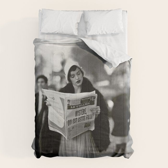 Roaring Twenties French Flapper Girl Reading Newspaper on the Street, Paris female portrait black and white photography - photographs Comforter Gallery Image 6