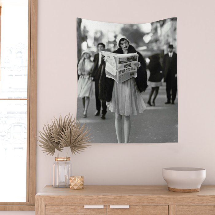Roaring Twenties French Flapper Girl Reading Newspaper on the Street, Paris female portrait black and white photography - photographs Wall Tapestry Gallery Image 2